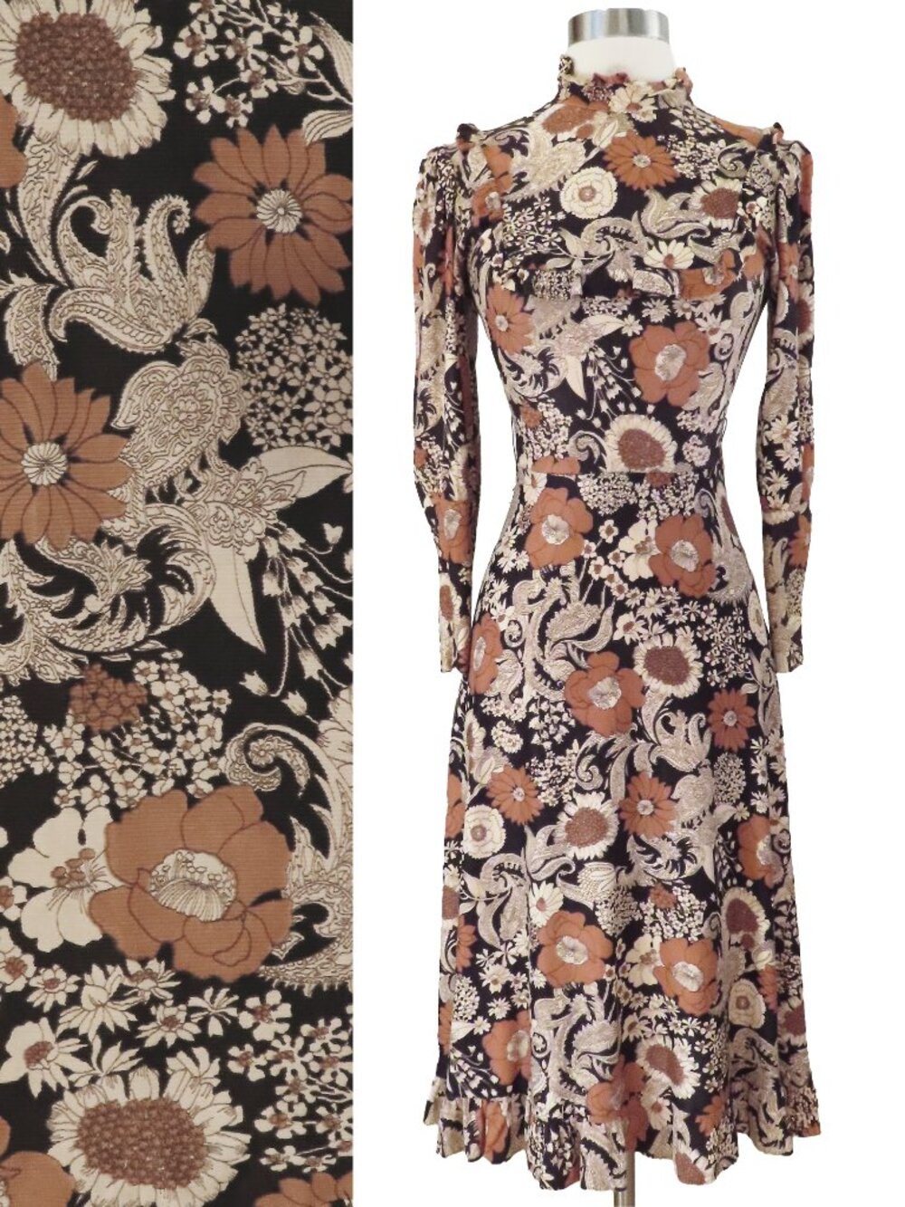 Vintage 70s Brown Black Tan Psychedelic Ruffle Bib Floral Print Midi Dress XS S